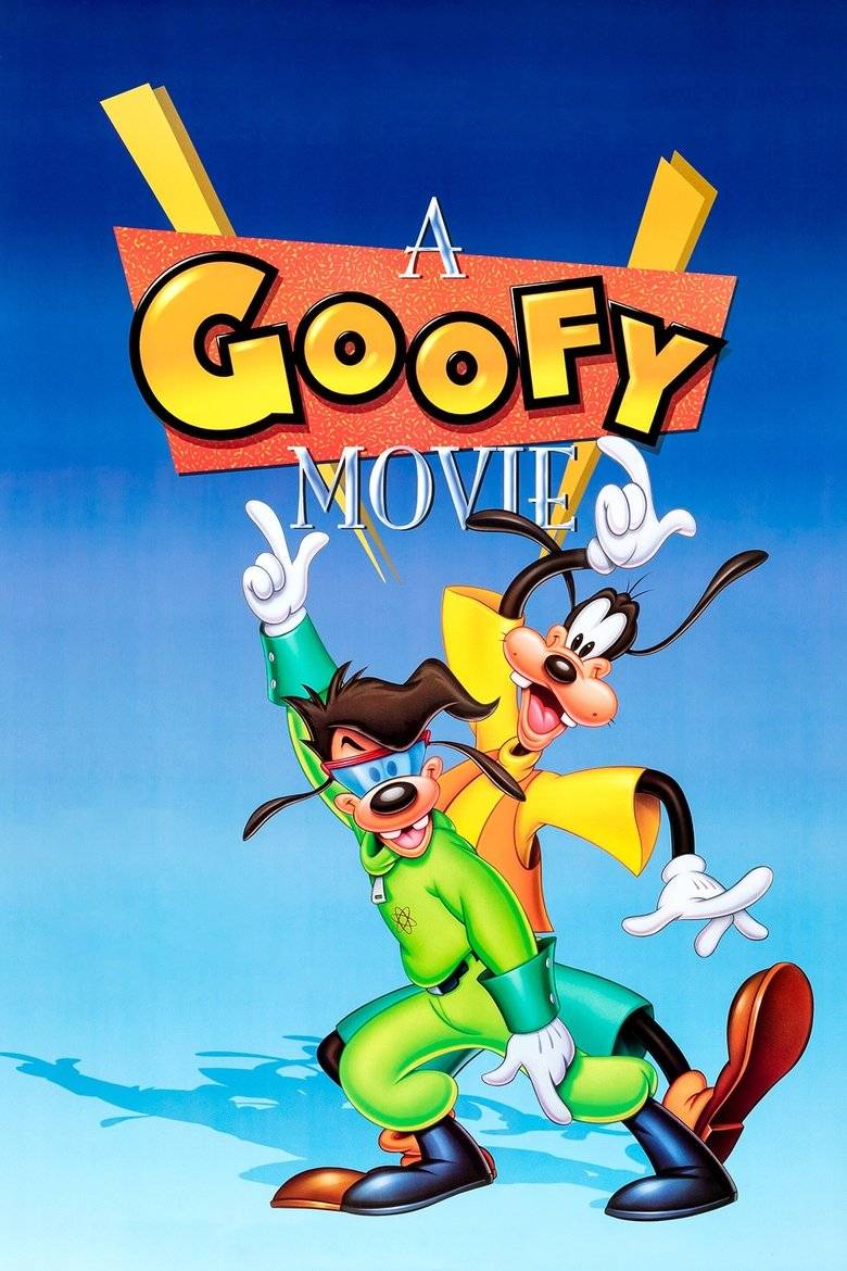 Goofy and Max pose joyfully in colorful outfits on the cover of "A Goofy Movie" against a bright blue background.