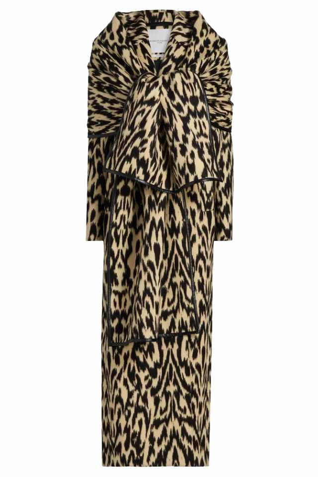 Leopard print wrap coat with a dramatic collar and ruched sleeves, showcasing bold patterns and unique design.