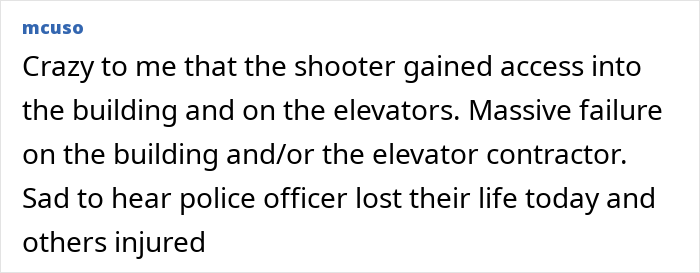 Text discussing a security breach, building and elevator contractor failure, and police officer casualty and injuries.