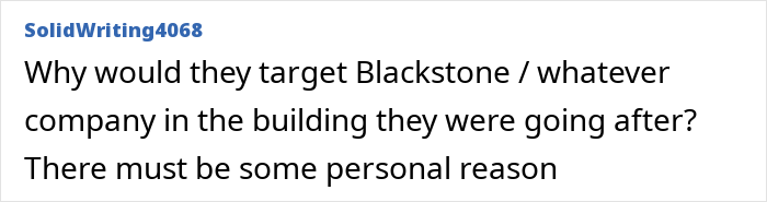 Text screenshot discussing reasons for targeting a specific company, suggesting a personal motive.
