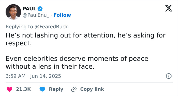 Tweet by user expressing that celebrities need peace and respect, not constant attention from cameras.