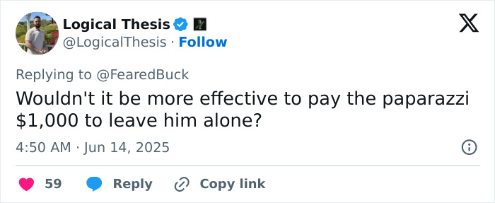 Tweet suggesting paying paparazzi $1,000 to leave someone alone.