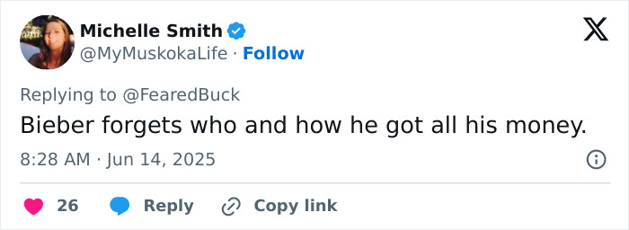 Tweet about Bieber forgetting the source of his wealth, with engagement icons visible.