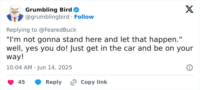 Tweet from "Grumbling Bird" says, "I'm not gonna stand here and let that happen." Encourages quick action, signed "June 14, 2