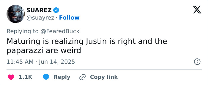 Tweet by SUAREZ stating, "Maturing is realizing Justin is right and the paparazzi are weird," dated June 14, 2025.