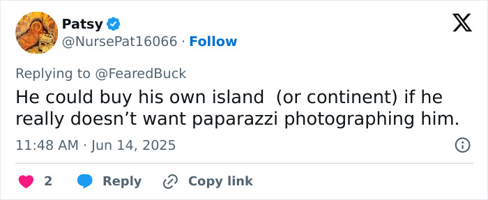 Tweet suggesting buying an island to avoid paparazzi, dated June 14, 2025, with two likes and one retweet.