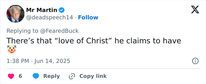 Tweet from Mr. Martin sarcastically mentions "love of Christ," includes a clown emoji, dated June 14, 2025.
