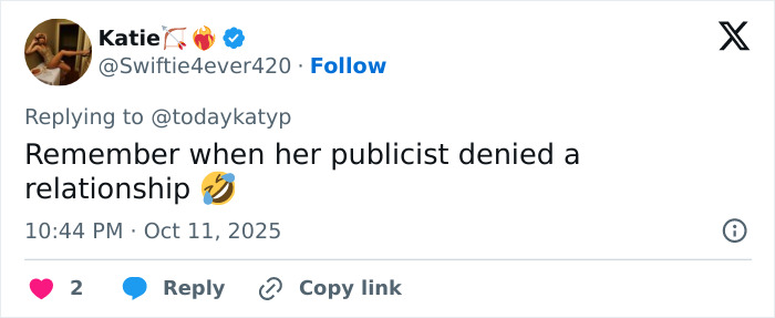 Tweet by user Swiftie4ever420 recalling a publicist denying a relationship, illustrated with a laughing emoji.