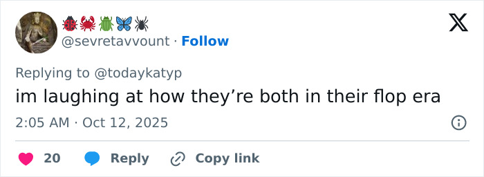 Tweet screenshot with user expressing humor about someone being in their "flop era.