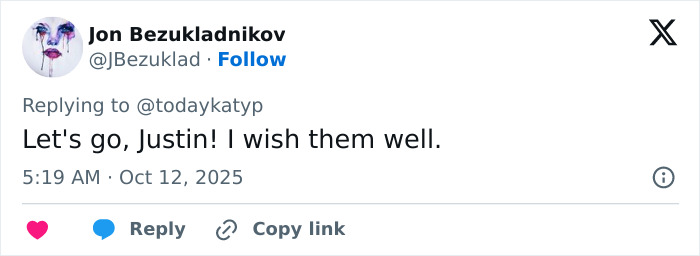 Tweet supporting Justin, expressing best wishes.