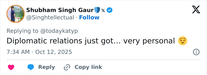 Tweet by Shubham Singh Gaur about diplomatic relations turning personal, with a smirking face emoji.