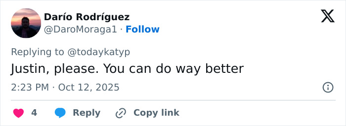 Tweet by Darío Rodríguez urging Justin to improve, dated October 12, 2025.