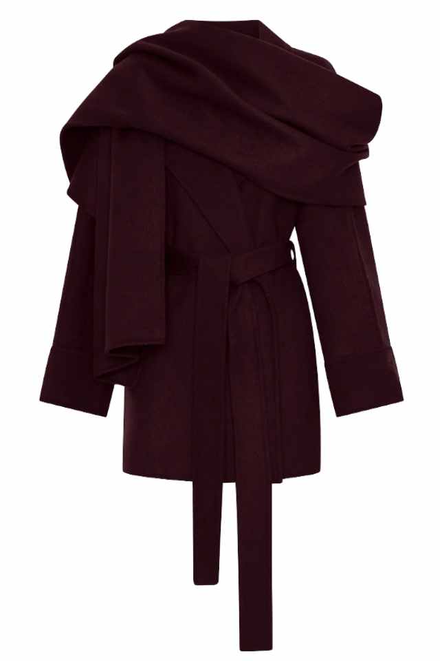 Dark brown wool coat with an oversized shawl collar and a matching belt, displayed against a white background.