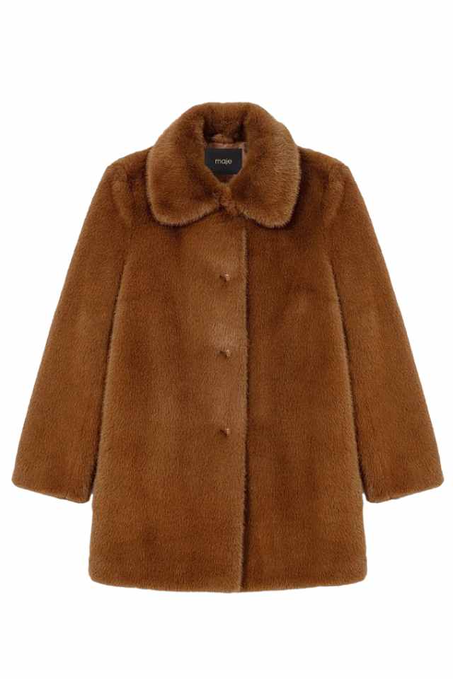 Brown faux fur coat with large collar and button-up front, displayed on a white background.