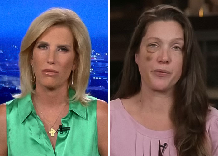 Split screen image showing a news anchor in a green blouse and a bruised single mom sharing her story on Cincinnati mob attack.