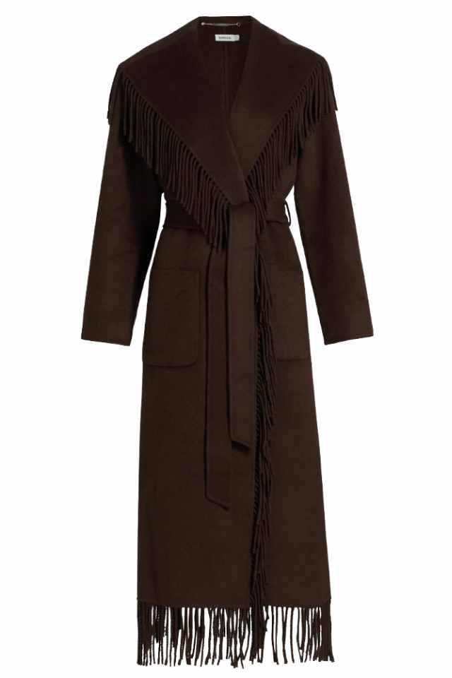 Brown fringed wool coat with a waist tie and pockets, featuring long sleeves and a full-length design.