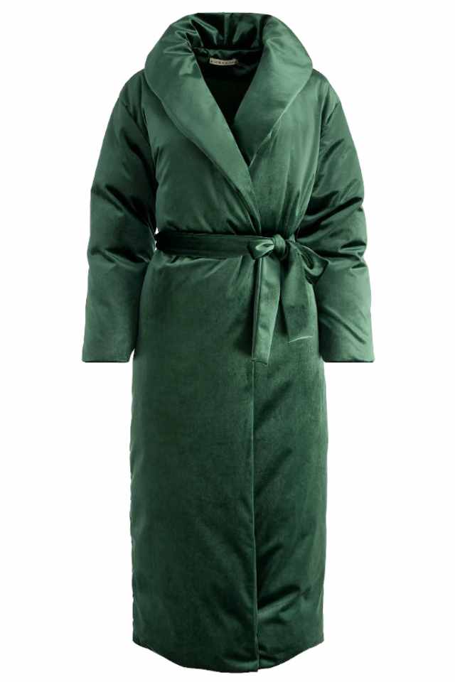 Plush green robe with a belted waist, long sleeves, and a shawl collar, perfect for cozy comfort and relaxation.