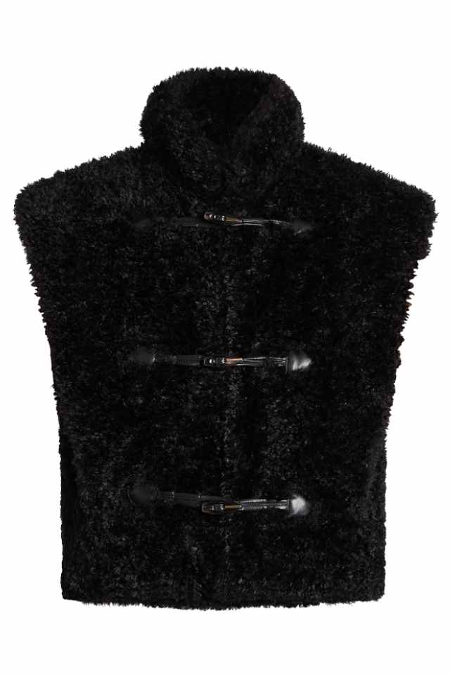 Black faux fur vest with three front toggle closures, featuring a high collar, displayed against a white background.