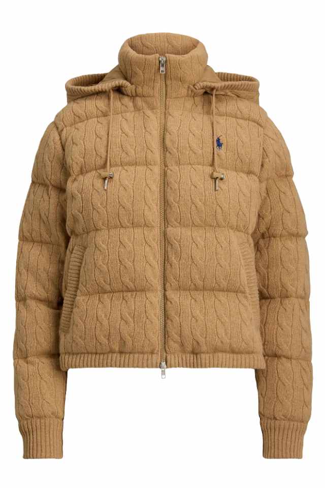 Tan quilted jacket with cable knit design, hood, and full front zip closure, perfect for winter warmth and style.