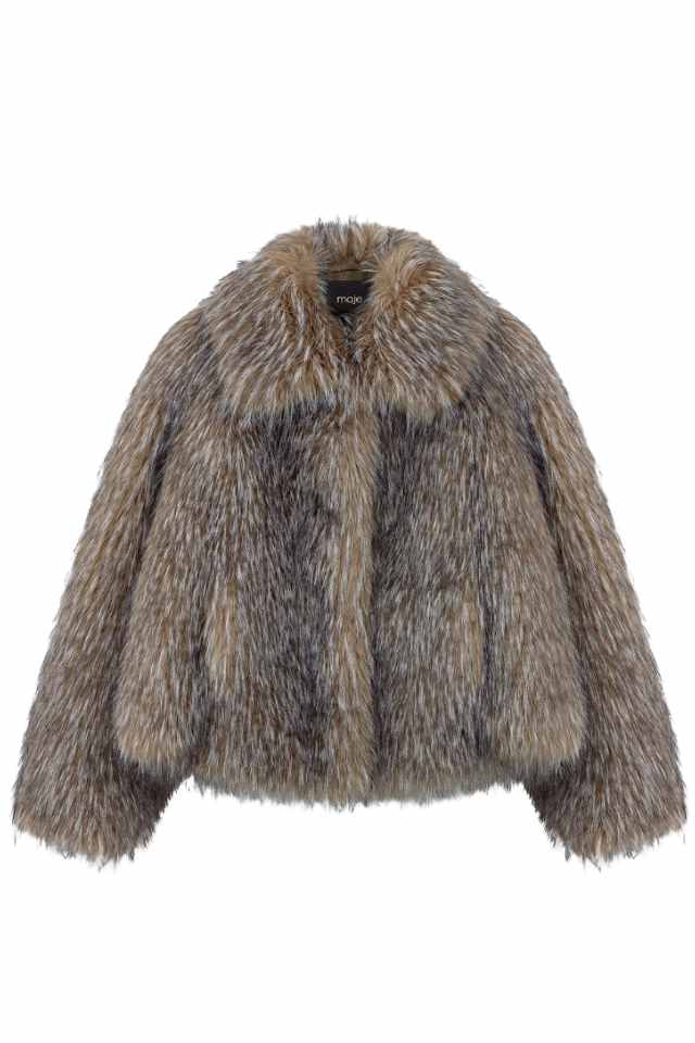 Faux fur jacket with a thick, plush texture and a fluffy collar, showcasing a luxurious, winter-ready design.