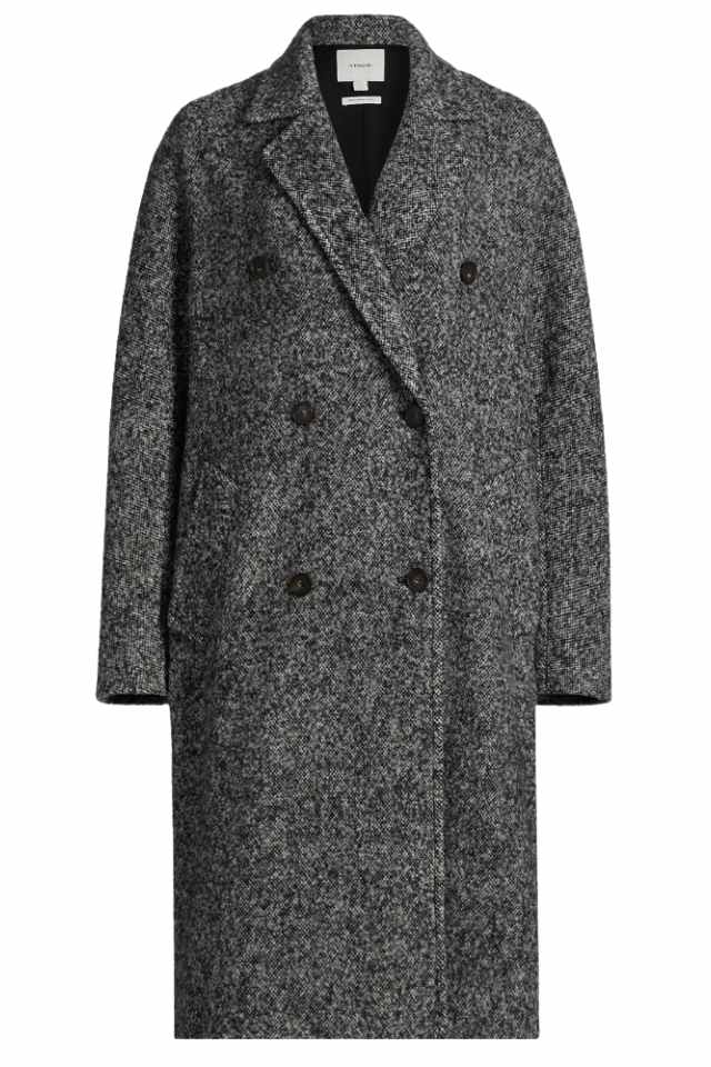 Gray wool double-breasted overcoat on a white background, featuring dark buttons and wide lapels.