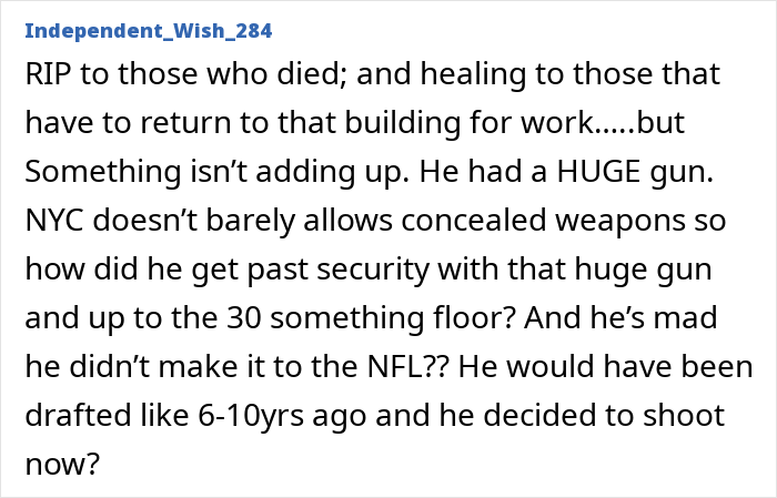 Text discussing disbelief about a person with a gun reaching a high floor in a building, questioning security and motives.