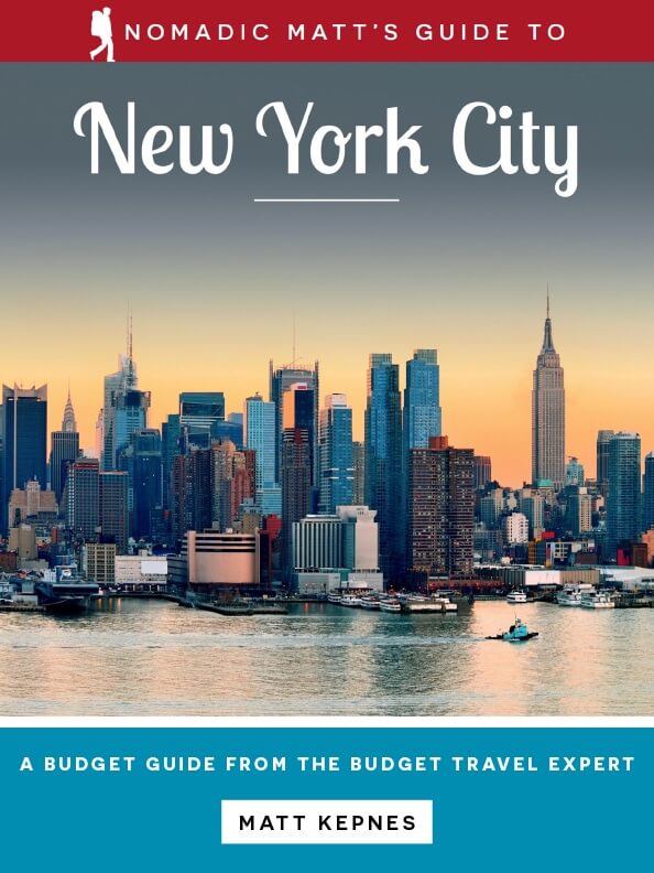 Book cover: "Nomadic Matt's Guide to New York City" with a skyline view and emphasis on budget travel by Matt Kepnes.