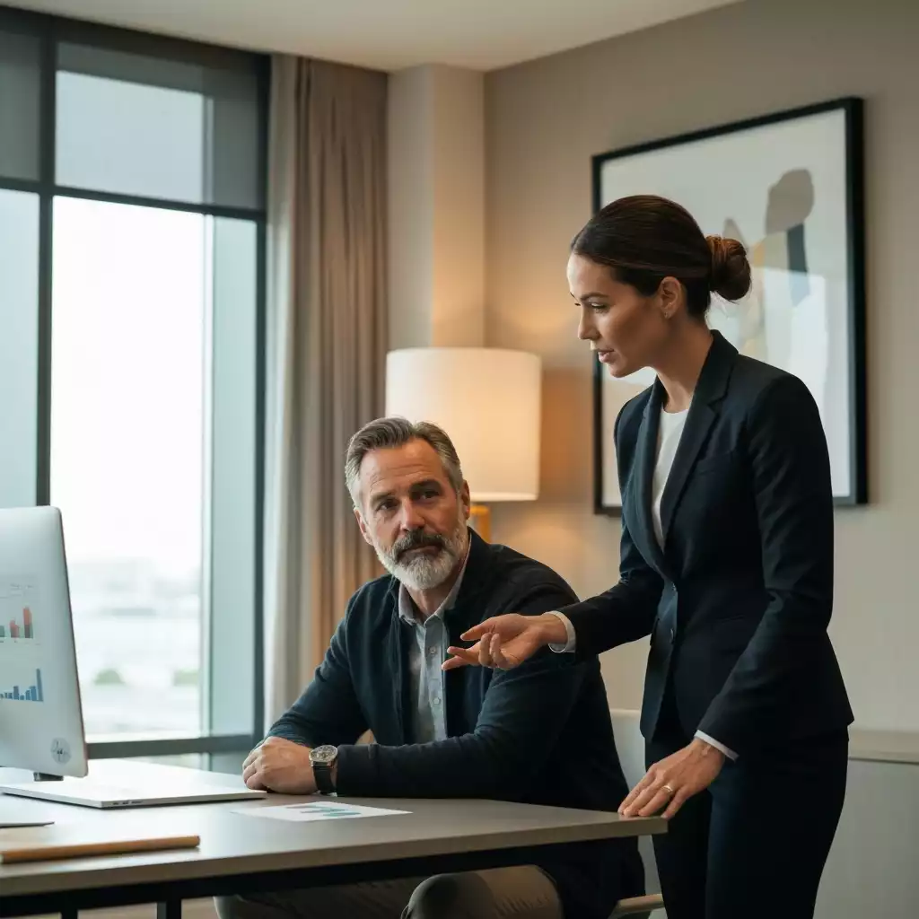Businesswoman presenting financial data to a colleague on a computer screen in a modern office setting.