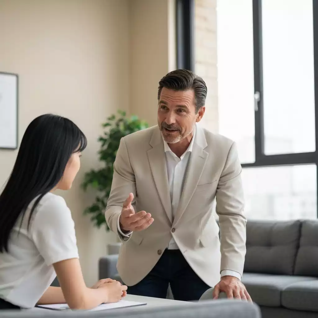 Man in beige suit gestures while talking to seated woman in office setting.