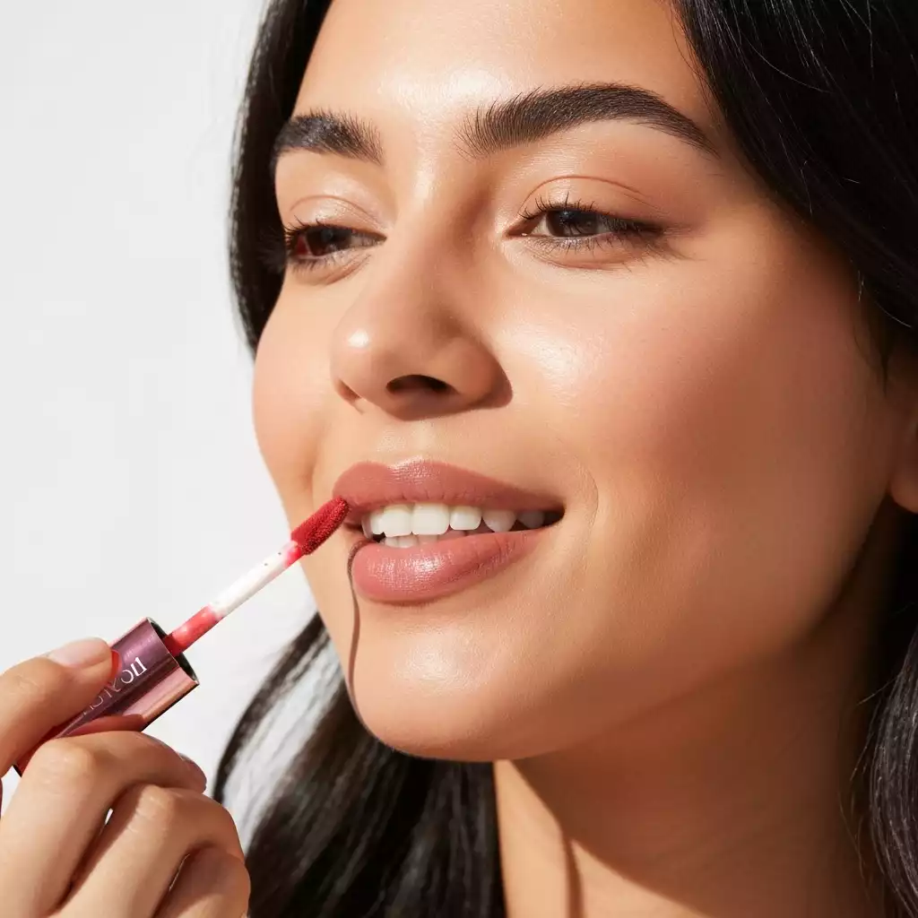 Woman applying red lipstick, smiling gently with natural makeup against a neutral background.