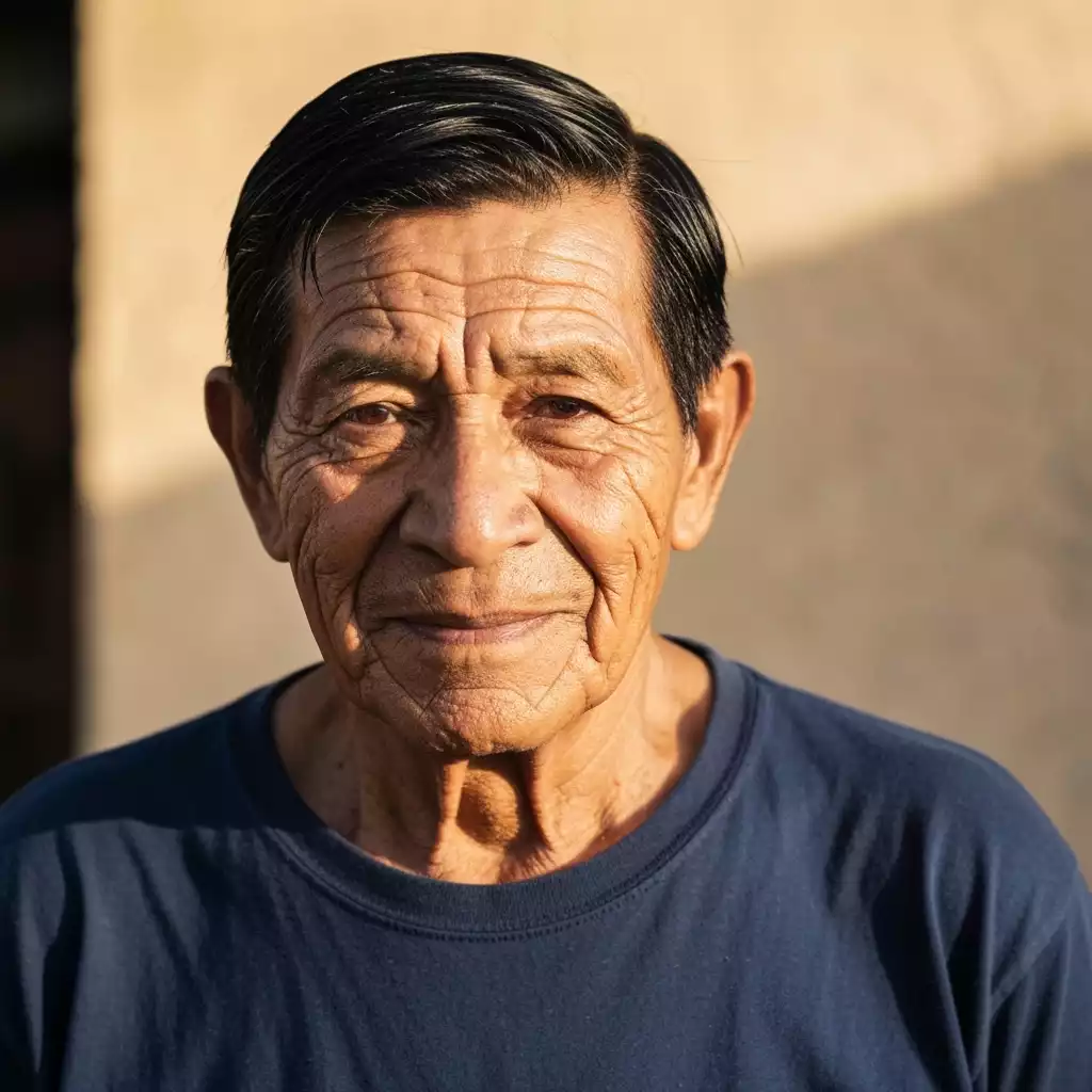Elderly man in blue shirt smiling warmly, standing in sunlight with a textured background.