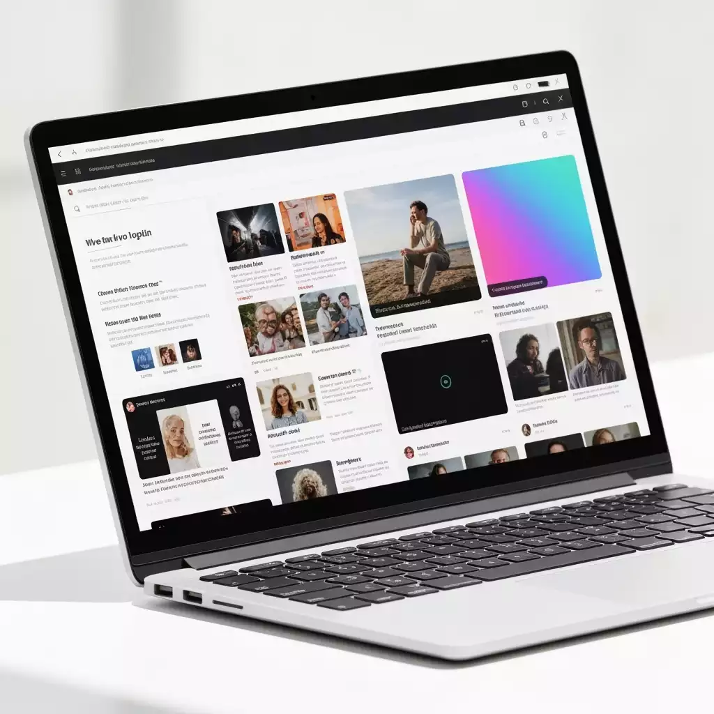 Open laptop displaying a website homepage with various image thumbnails and text, on a white table.