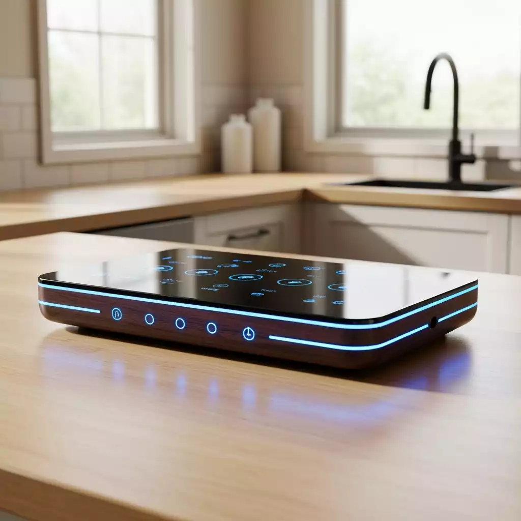 Sleek induction cooktop with digital controls on a kitchen counter, featuring blue LED lights and a modern design.