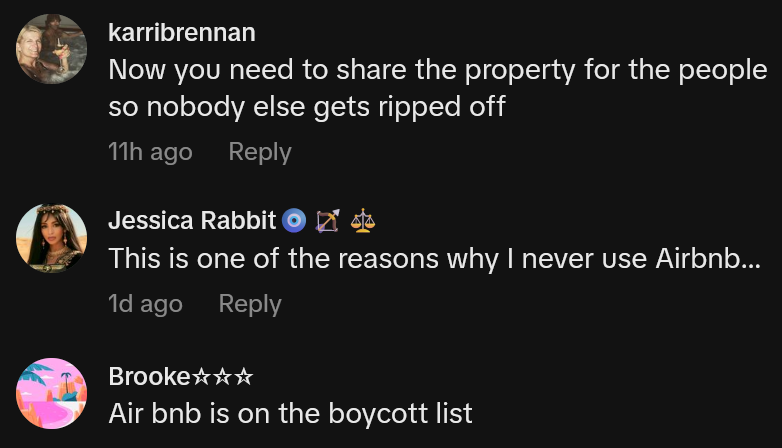 TikTok comments including one reading 'Now you need to share the property for the people so nobody else gets ripped off'