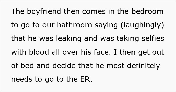 Text describing a humorous incident with a boyfriend taking selfies with blood on his face, prompting an ER visit.