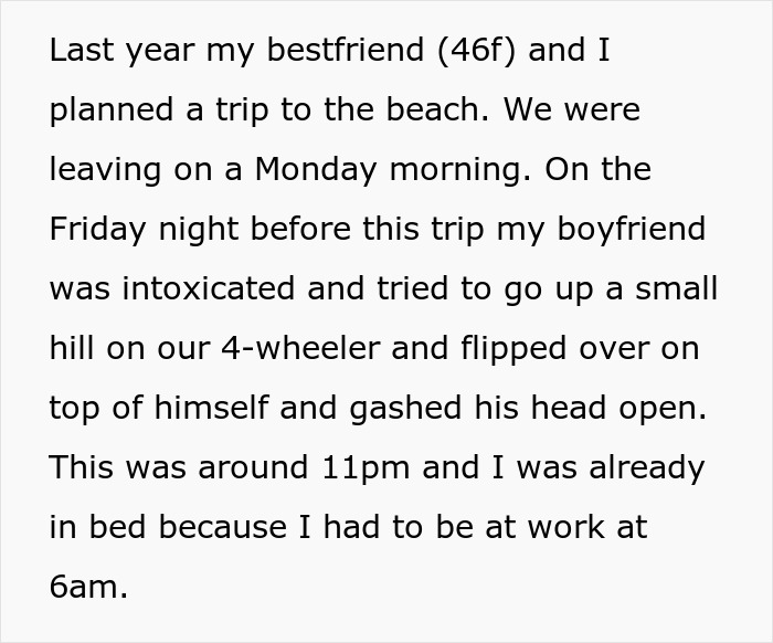 Text describing a planned beach trip with a best friend, interrupted by a boyfriend's accident on a four-wheeler.