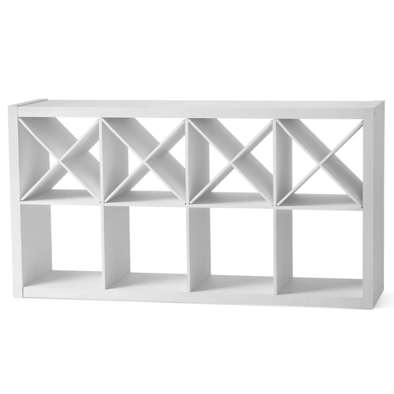 White wooden wine rack with multiple shelves and diagonal compartments for bottle storage against a plain background.
