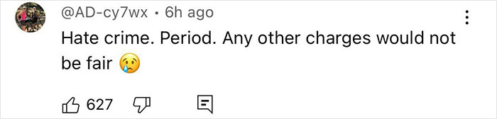Social media comment about hate crime, with user expressing that other charges would not be fair, including crying emoji.