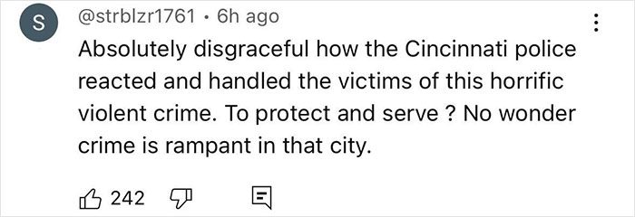 Comment criticizing Cincinnati police response to violent crime involving a single mom beaten by a mob.