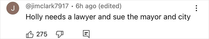 Comment from user jimclark7917 urging Holly to get a lawyer and sue the mayor and city after brutal beating incident.