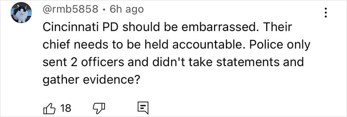 Screenshot of a social media post criticizing Cincinnati police chief's handling of evidence in a mob attack on single mom.
