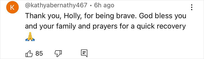 Screenshot of a social media comment thanking Holly for bravery and praying for her recovery after brutal beating by Cincinnati mob.