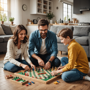 Family playing a board game together on the floor in a cozy living room with modern decor and natural lighting.