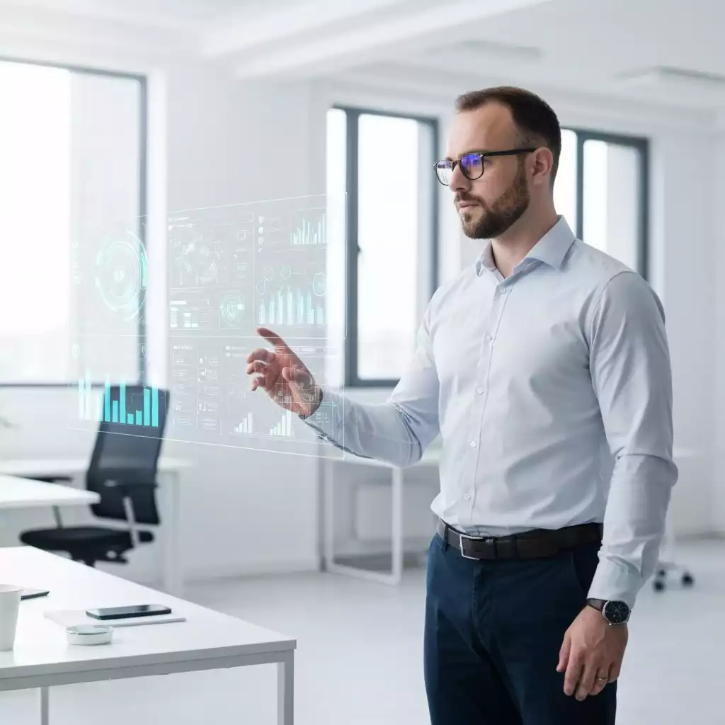 Man using a virtual touchscreen interface in modern office, analyzing data visualizations.