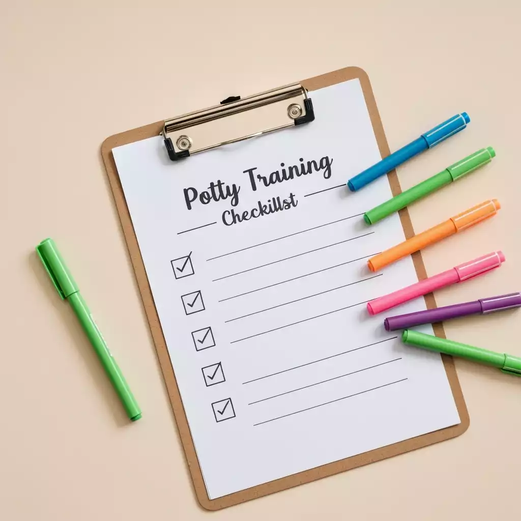 Potty training checklist on clipboard with colorful markers on beige background.
