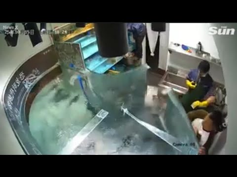 Workers repairing an aquarium tank indoors, with water splashing and equipment visible.