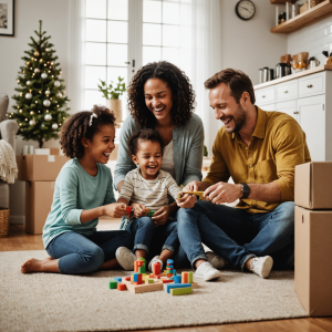 Family joyfully playing with toys on a living room floor, surrounded by boxes, near a decorated Christmas tree.