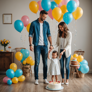 Family celebrating child's birthday with balloons and cake indoors.