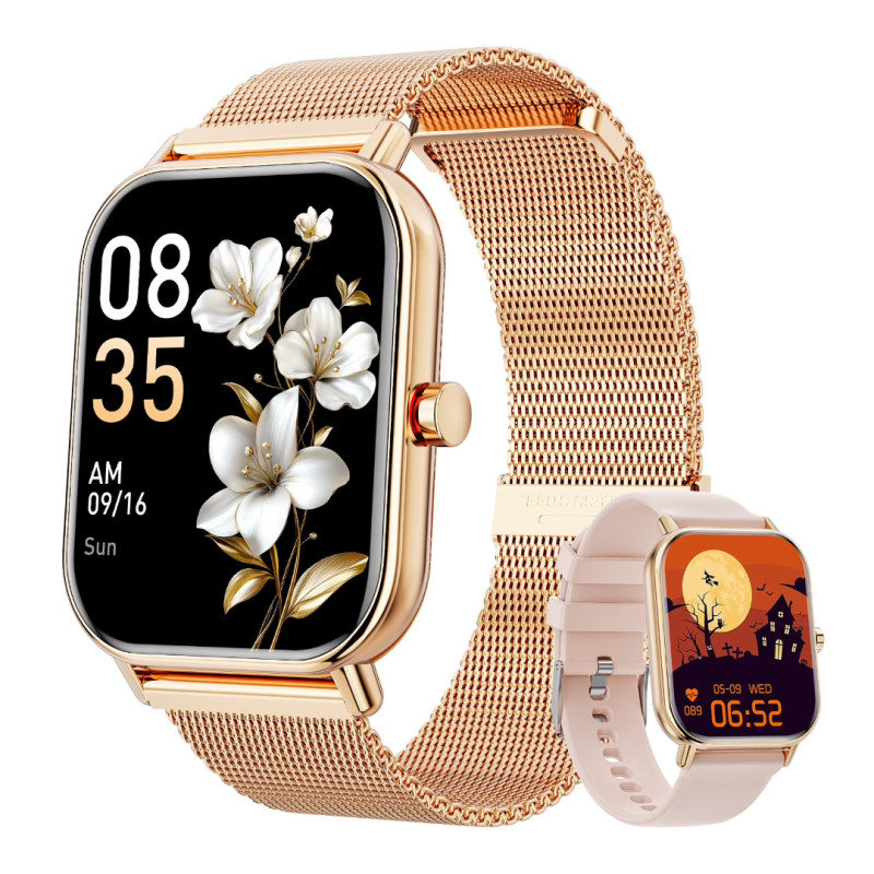 Gold and pink smartwatches with floral and Halloween-themed displays, showcasing stylish, versatile designs.