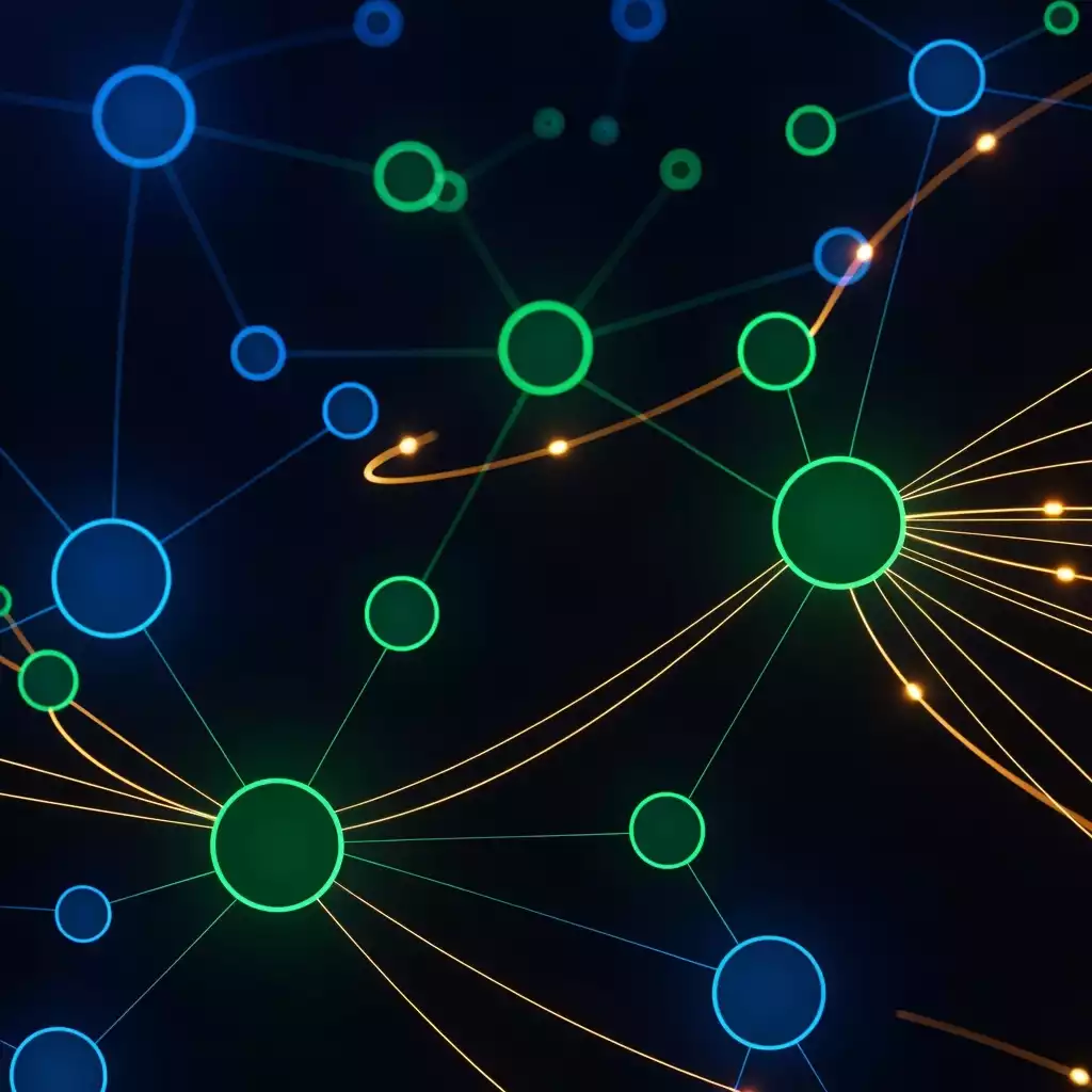 Abstract digital network with interconnected blue and green nodes on a dark background, suggesting data flow.